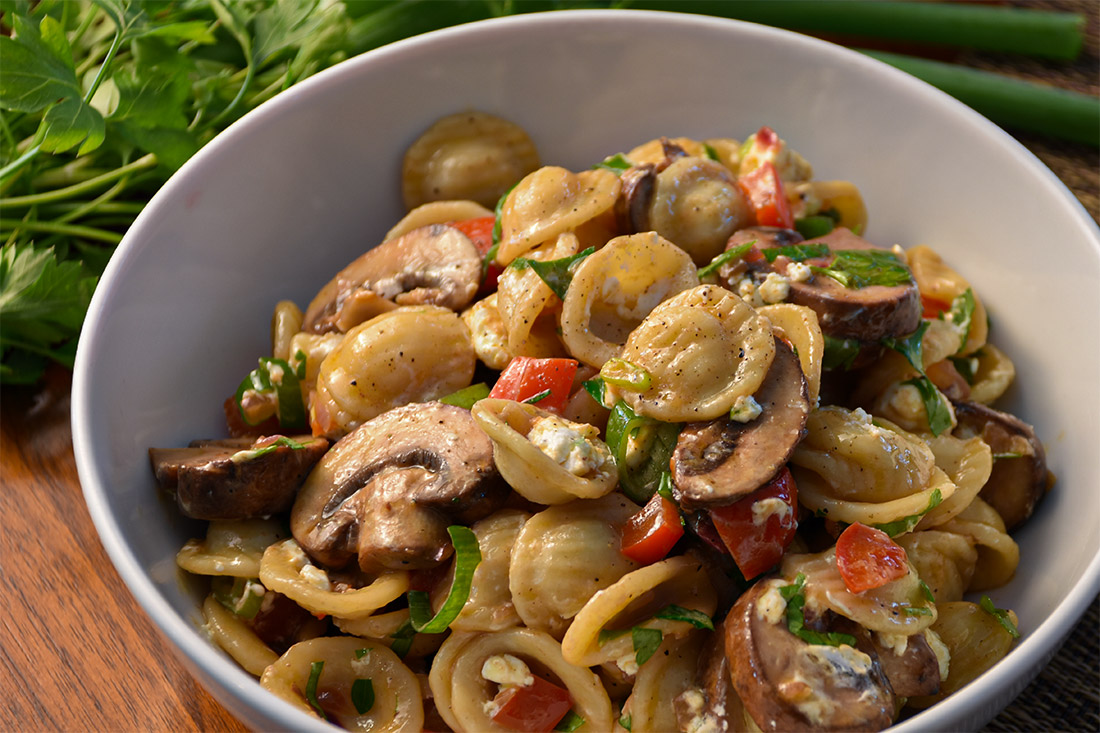 Mushroom Orecchiette with Bell Pepper & Goat Cheese