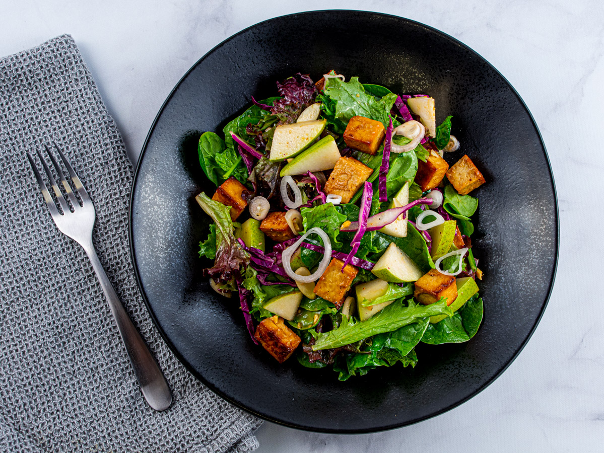 Tofu and Pear Salad with Miso Ginger Vinaigrette